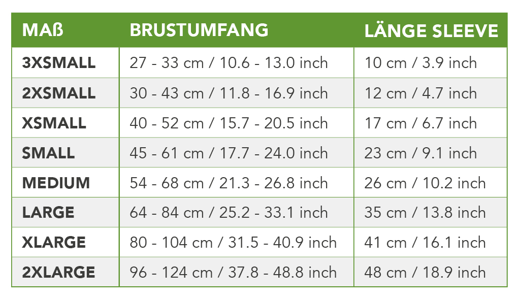Double sleeves size chart